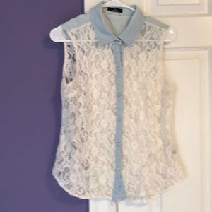 Denim and lace button down top